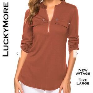 LuckyMore Tunic Top Large Rust Jersey Tab Sleeve Zip Neck Career Casual NEW